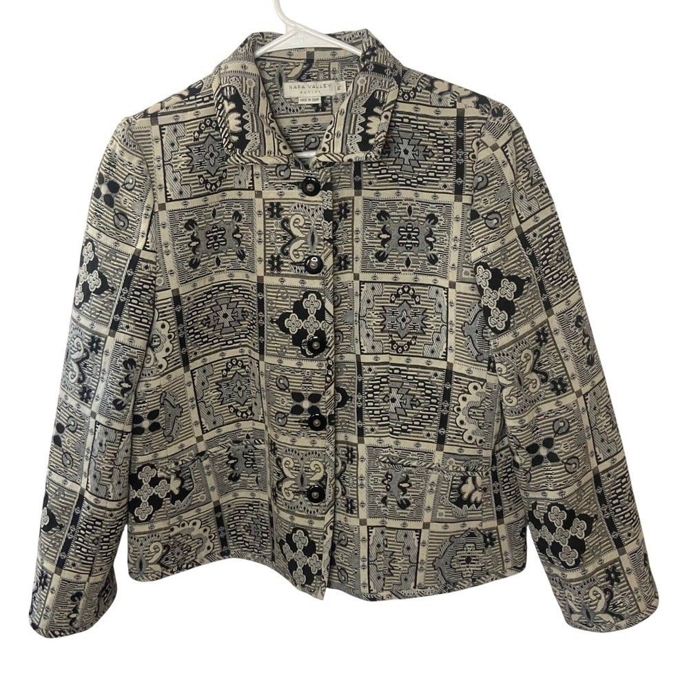 Napa Valley Petite Black White Geometric Tapestry Button Front Jacket PL